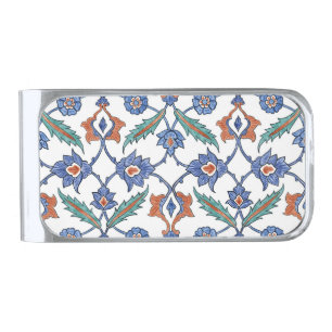 Medieval Turkish Tiles: Floral Ornament. Silver Finish Money Clip