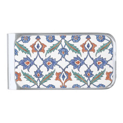 Medieval Turkish Tiles Floral Ornament Silver Finish Money Clip