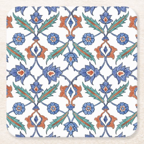 Medieval Turkish Tiles Floral Ornament Square Paper Coaster