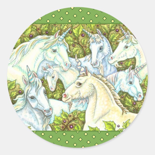 MEDIEVAL UNICORN HERD, HORSES, STALLION Fantasy Classic Round Sticker (Front)