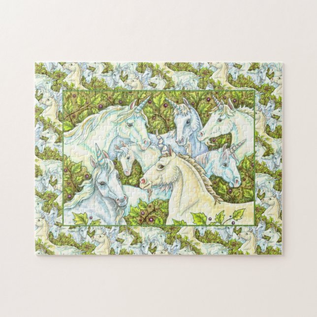 MEDIEVAL UNICORN HERD, HORSES, STALLION Fantasy Jigsaw Puzzle (Horizontal)