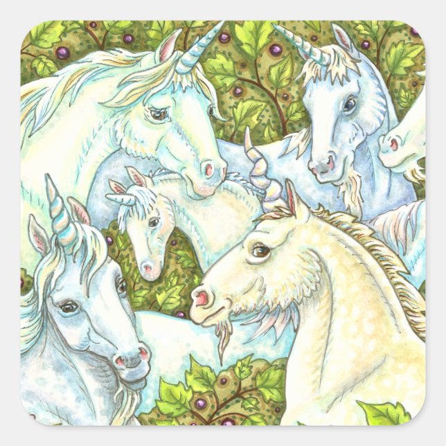 MEDIEVAL UNICORN HERD, HORSES, STALLION Fantasy Square Sticker (Front)