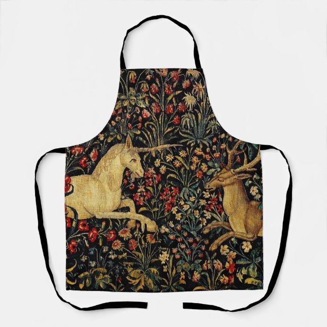 Medieval Unicorn Midnight Floral Garden Apron (Front)