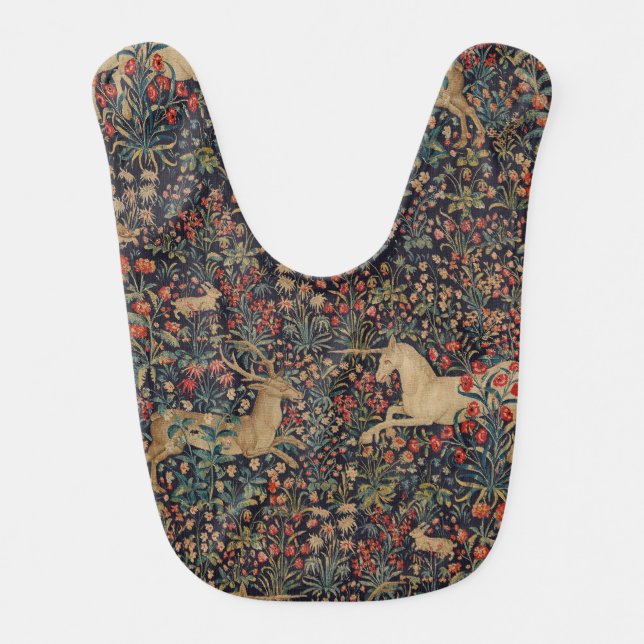 Medieval Unicorn Midnight Floral Garden Baby Bib (Front)