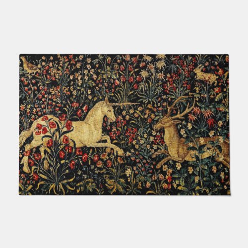 Medieval Unicorn Midnight Floral Garden Doormat