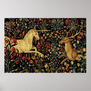 Medieval Unicorn Midnight Floral Garden Hanging Ta Poster
