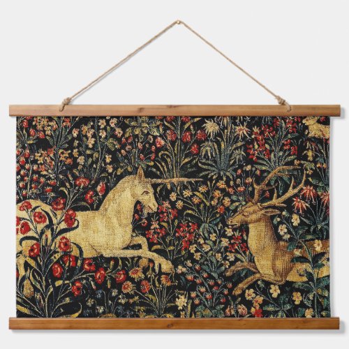 Medieval Unicorn Midnight Floral Garden Hanging Tapestry