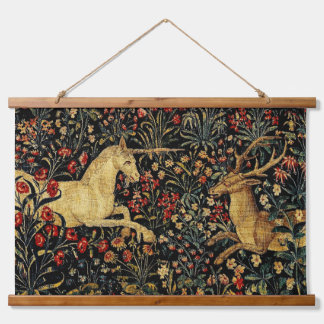 Medieval Unicorn Midnight Floral Garden Hanging Tapestry