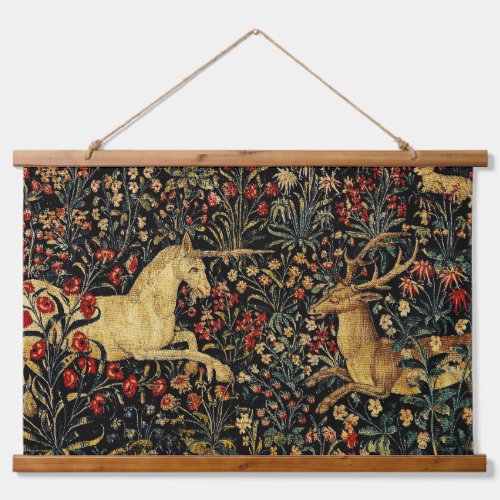 Medieval Unicorn Midnight Floral Garden Hanging Tapestry