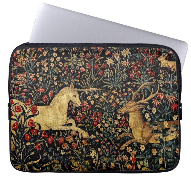 Medieval Unicorn Midnight Floral Garden Laptop Sleeve (Front)