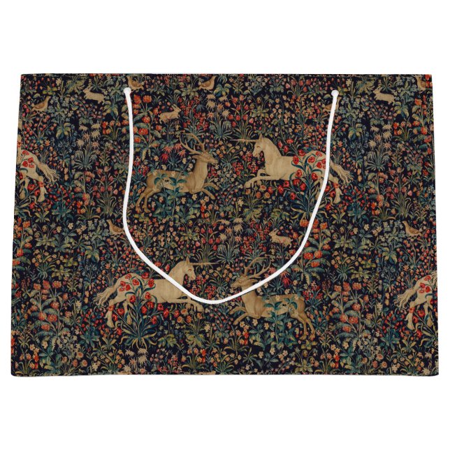 Medieval Unicorn Midnight Floral Garden Large Gift Bag (Front)
