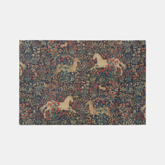 Medieval Unicorn Midnight Floral Garden Outdoor Rug