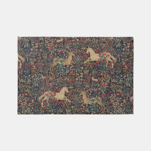 Medieval Unicorn Midnight Floral Garden Outdoor Rug