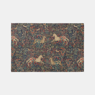 Medieval Unicorn Midnight Floral Garden Rug