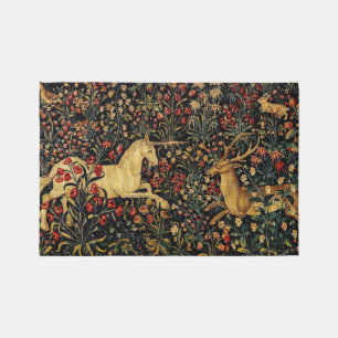 Medieval Unicorn Midnight Floral Garden Rug