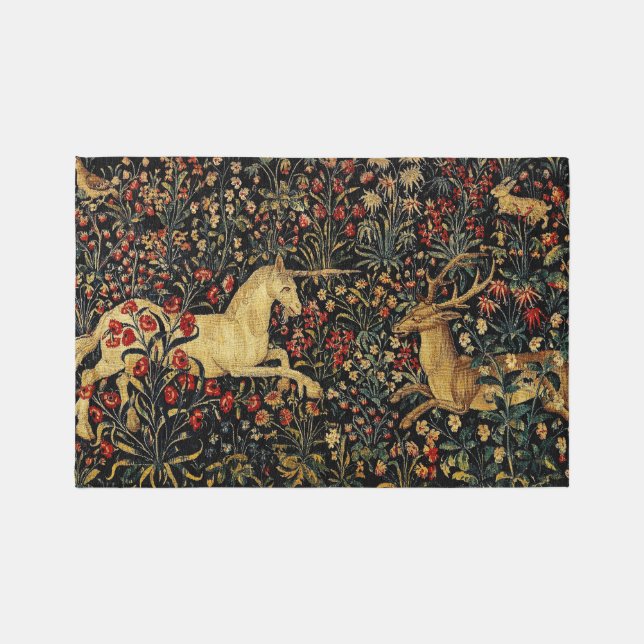 Medieval Unicorn Midnight Floral Garden Rug (Front)