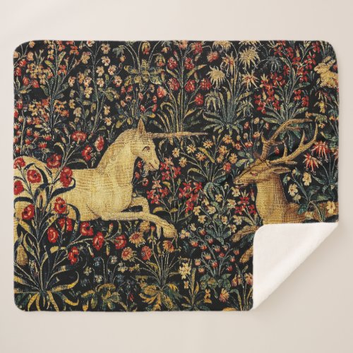 Medieval Unicorn Midnight Floral Garden Sherpa Blanket