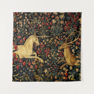 Medieval Unicorn Midnight Floral Garden Tapestry