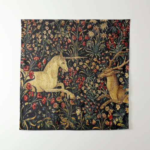 Medieval Unicorn Midnight Floral Garden Tapestry