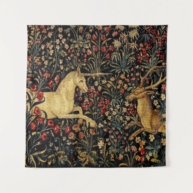Medieval Unicorn Midnight Floral Garden Tapestry (Front)