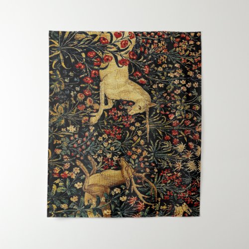 Medieval Unicorn Midnight Floral Garden Tapestry