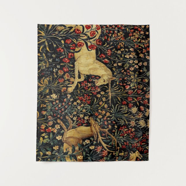 Medieval Unicorn Midnight Floral Garden Tapestry (Front)