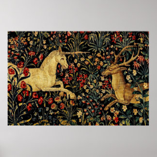 Medieval Unicorn Midnight Floral Garden Tapestry Poster