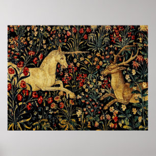 Medieval Unicorn Midnight Floral Garden Tapestry Poster