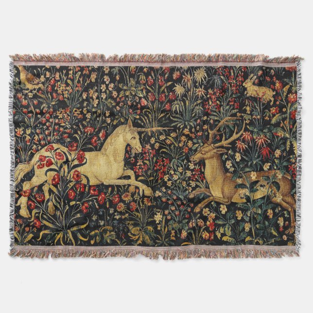 Medieval Unicorn Midnight Floral Garden Throw Blanket (Front)
