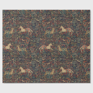 Medieval Unicorn Midnight Floral Garden Wrapping Paper