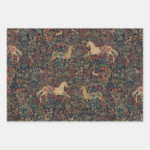 Medieval Unicorn Midnight Floral Garden Wrapping Paper Sheets