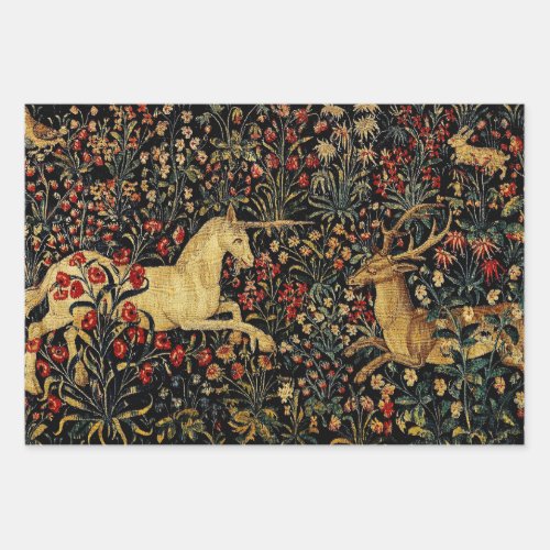 Medieval Unicorn Midnight Floral Garden Wrapping Paper Sheets