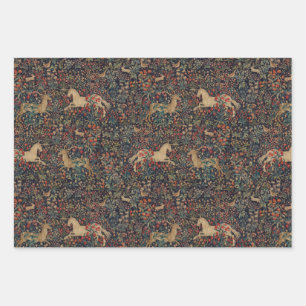 Medieval Unicorn Midnight Floral Garden Wrapping Paper Sheets