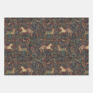 Medieval Unicorn Midnight Floral Garden Wrapping Paper Sheets