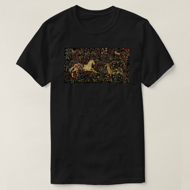 Medieval Unicorn Midnight Floral Tapestry Classic  T-Shirt (Design Front)