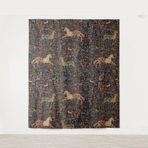 Medieval Unicorn Stag Deer Midnight Floral Garden Tapestry