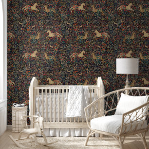 Medieval Unicorn Stag Deer Midnight Floral Garden Wallpaper