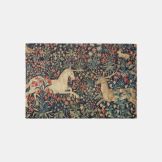 Medieval Unicorn & Stag Midnight Floral Garden Rug