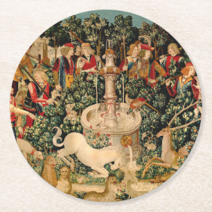 Medieval Unicorn Tapestries Print: Met Cloisters Round Paper Coaster