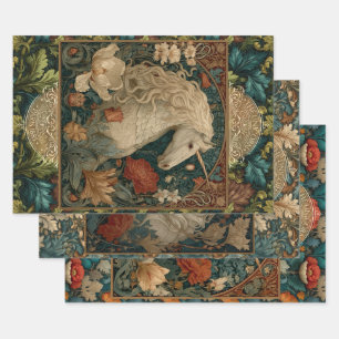 Medieval Unicorn Victorian Art Nouveau Floral Boho Wrapping Paper Sheets