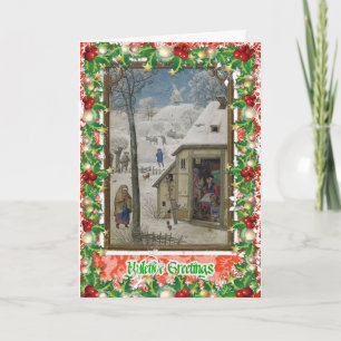 Medieval village winter scene card