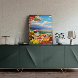 Medieval Village with Nature Painting Poster