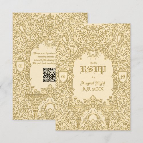 Medieval Vintage Royal Gold Monogram Wedding QR RSVP Card