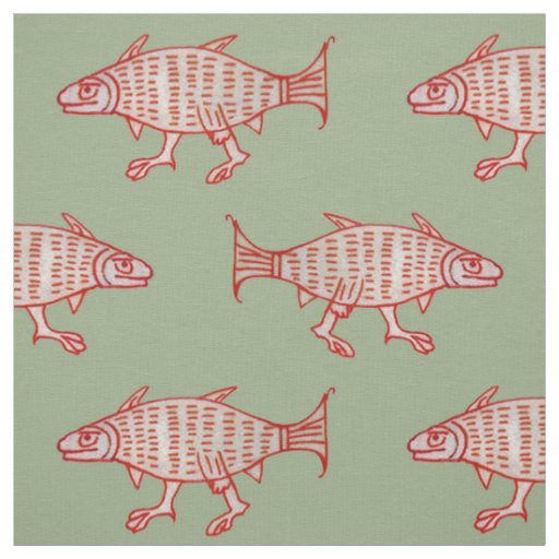 Medieval Walking Fish on Green Fabric
