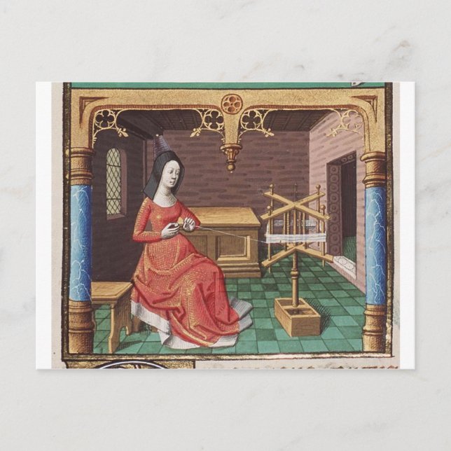 Medieval woman winds yarn postcard (Front)