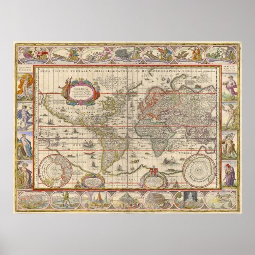 Medieval World Map by Willem Blaeu Poster