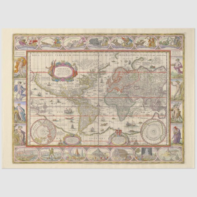Medieval World Map (by Willem Blaeu) Tissue Paper (Front)