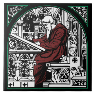 Medieval Writing Desk and Monk Ceramic Tile