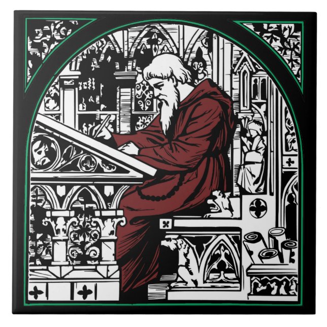 Medieval Writing Desk and Monk Ceramic Tile (Front)