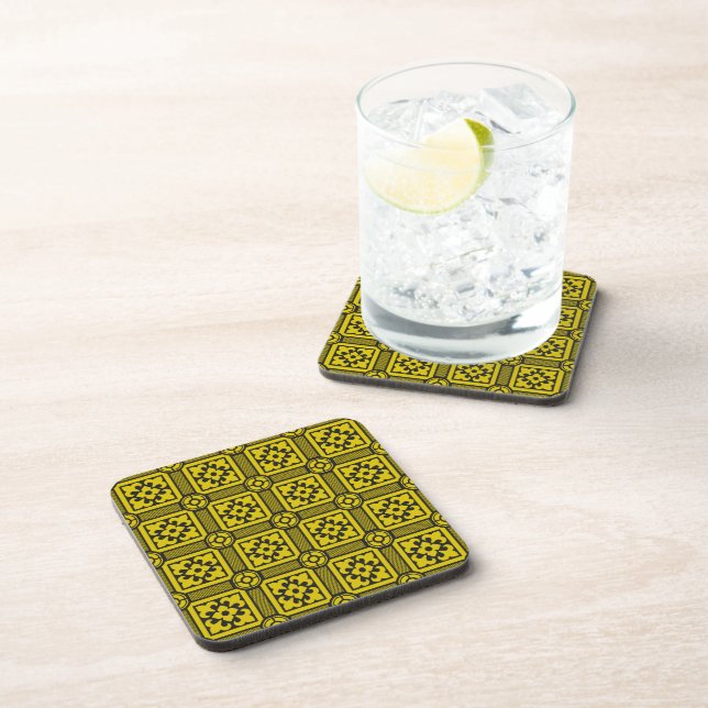 Medieval Yellow Black Lilies Romanesque Pattern Beverage Coaster (Right Side)